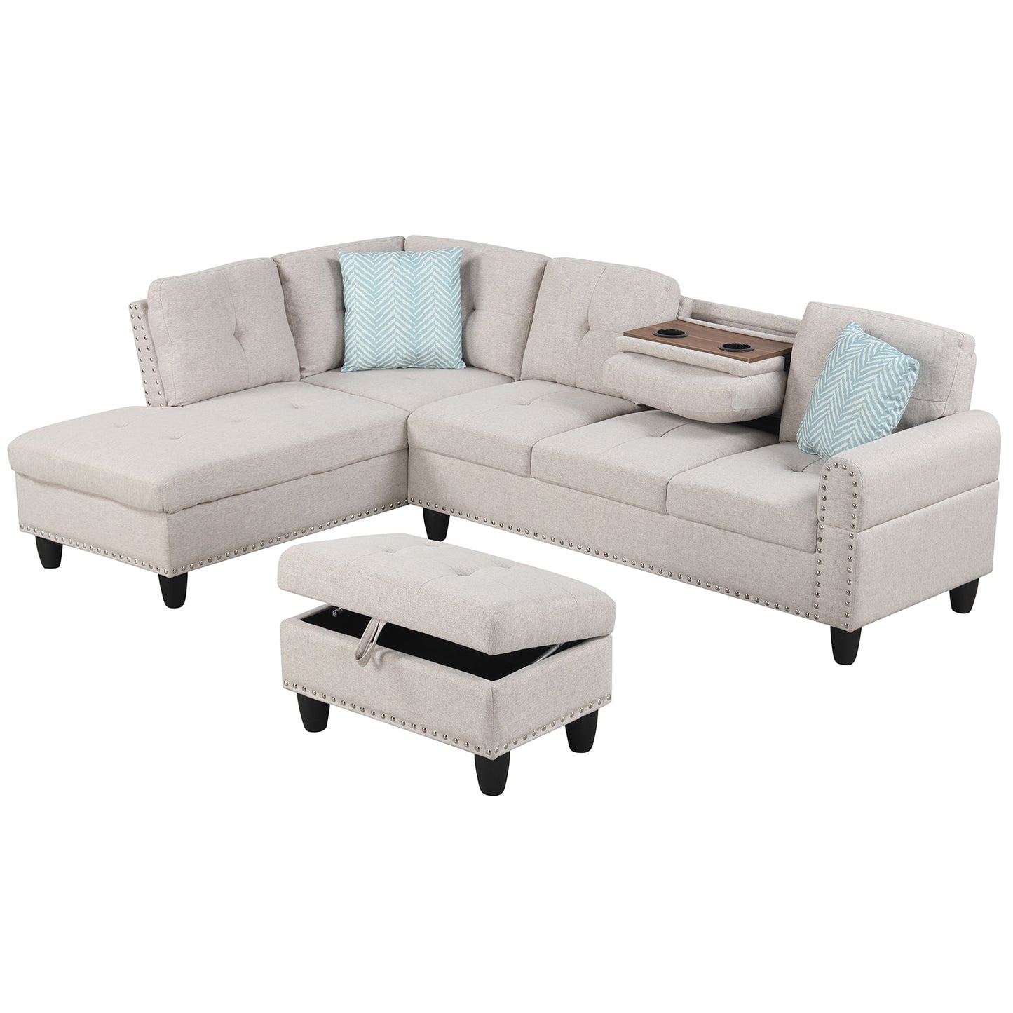 98 Inches Sectional Sofa With Storage Ottoman, Linen Fabric, Beige Sofas & Loveseats Beige at Gallery Canada
