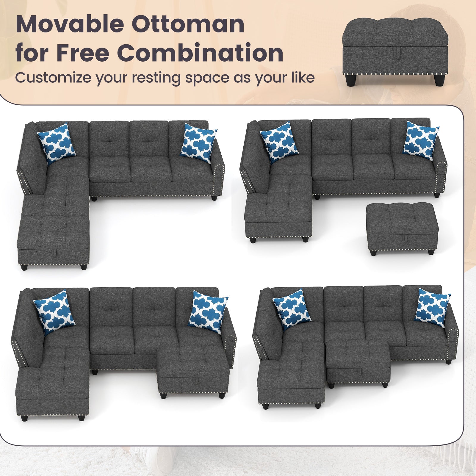98 Inches Sectional Sofa, Movable Storage Ottoman, Linen Fabric, Dark Gray Sofas & Loveseats at Gallery Canada