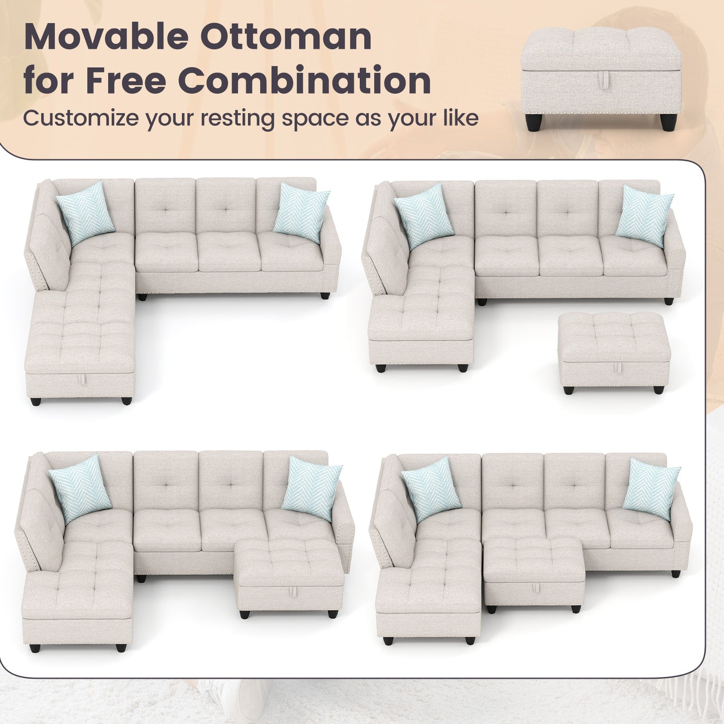 98 Inches Sectional Sofa With Storage Ottoman, Linen Fabric, Beige Sofas & Loveseats at Gallery Canada