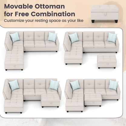 98 Inches Sectional Sofa With Storage Ottoman, Linen Fabric, Beige Sofas & Loveseats at Gallery Canada