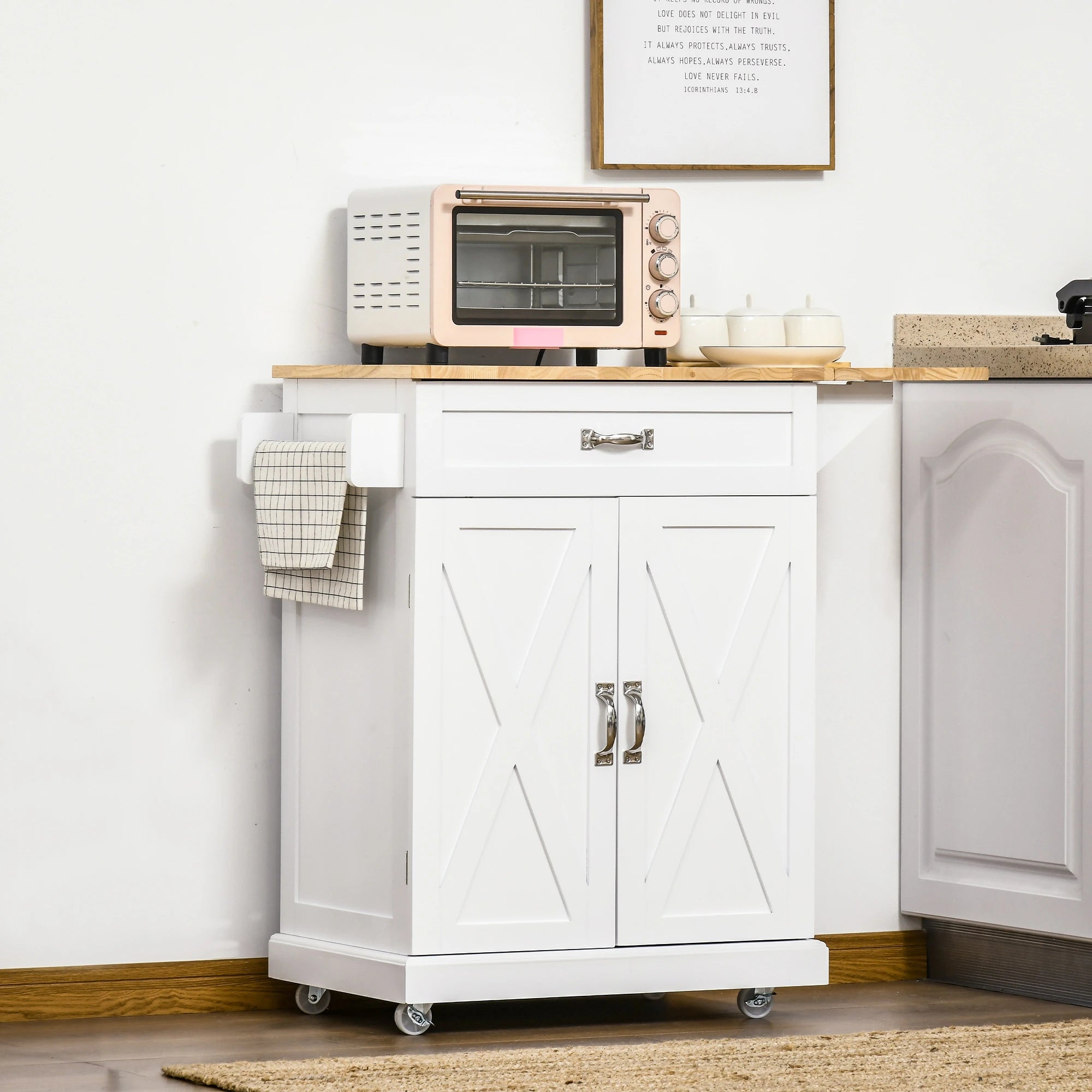 Foldable Kitchen Island, Farmhouse Style, With Storage Drawer, White Kitchen Islands & Kitchen Carts at Gallery Canada