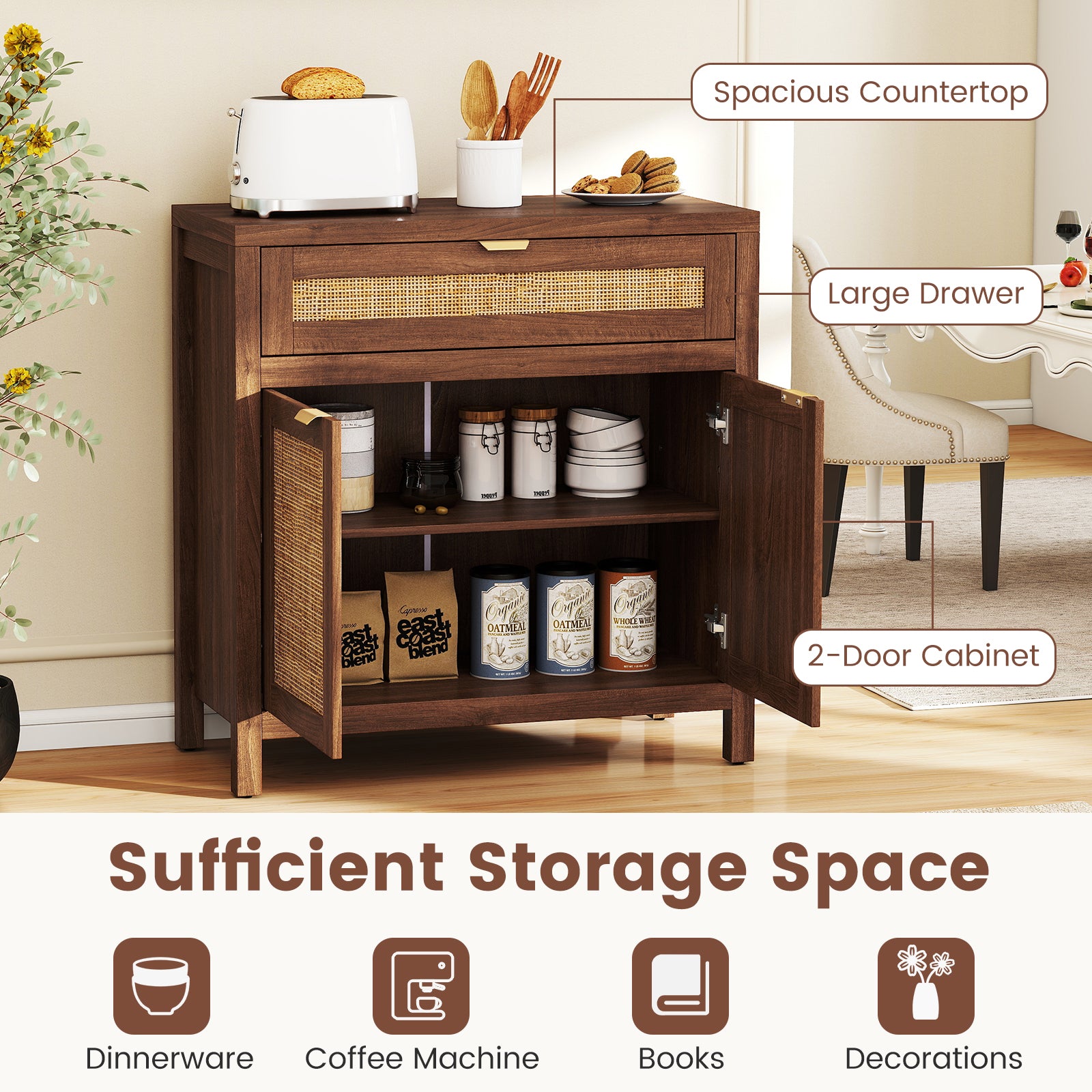 Sideboard Storage Cabinet, Rattan Doors And Drawer, Brown Sideboards Cabinets & Buffets at Gallery Canada