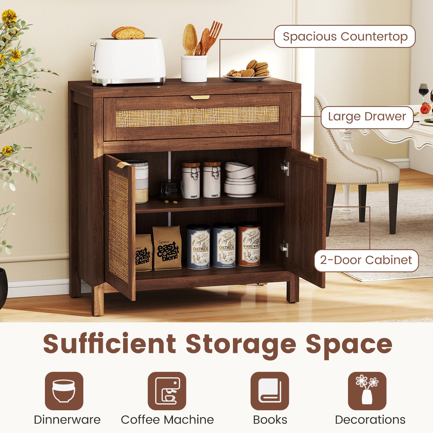 Sideboard Storage Cabinet, Rattan Doors And Drawer, Brown Sideboards Cabinets & Buffets at Gallery Canada