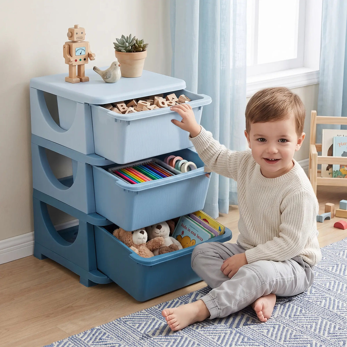 3 Tier Toy Organizer, 3 Plastic Drawers, Blue Baby & Kids Storage at Gallery Canada