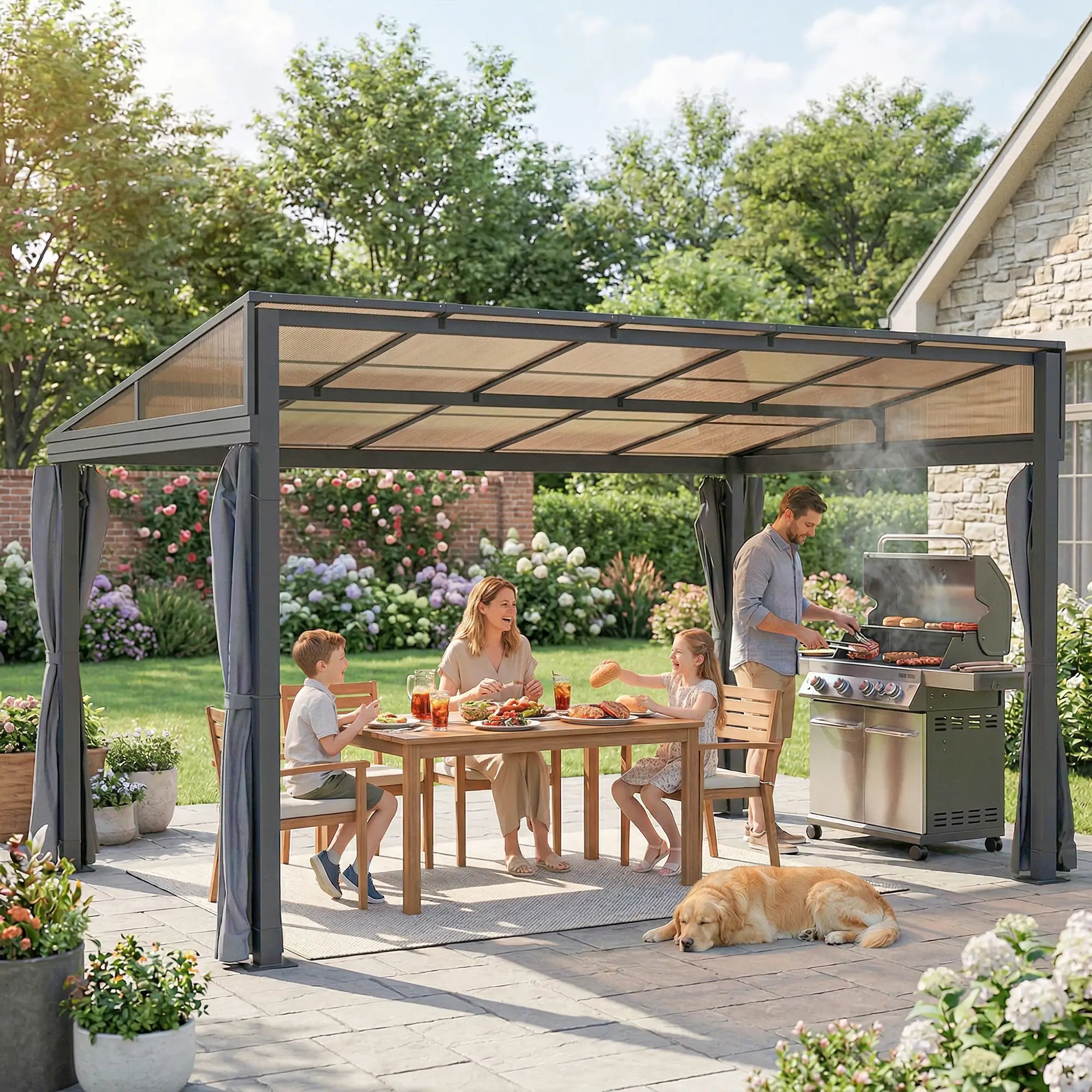 10' x 13' Hardtop Pergola, PC Roof Gazebo, Sun Shelter with Curtains Pergolas at Gallery Canada