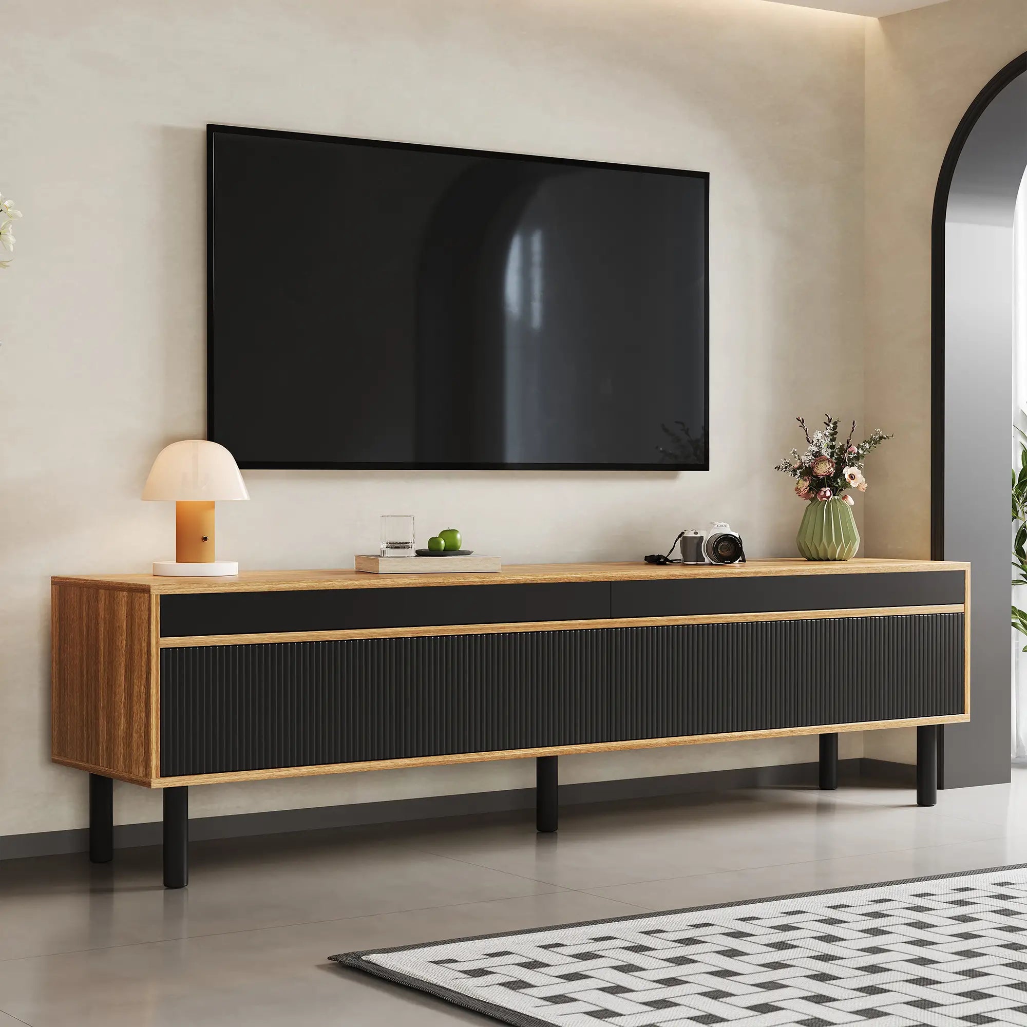 Elegant Stripe Design Stand, Sturdy Wooden Legs, 3 Doors, 67