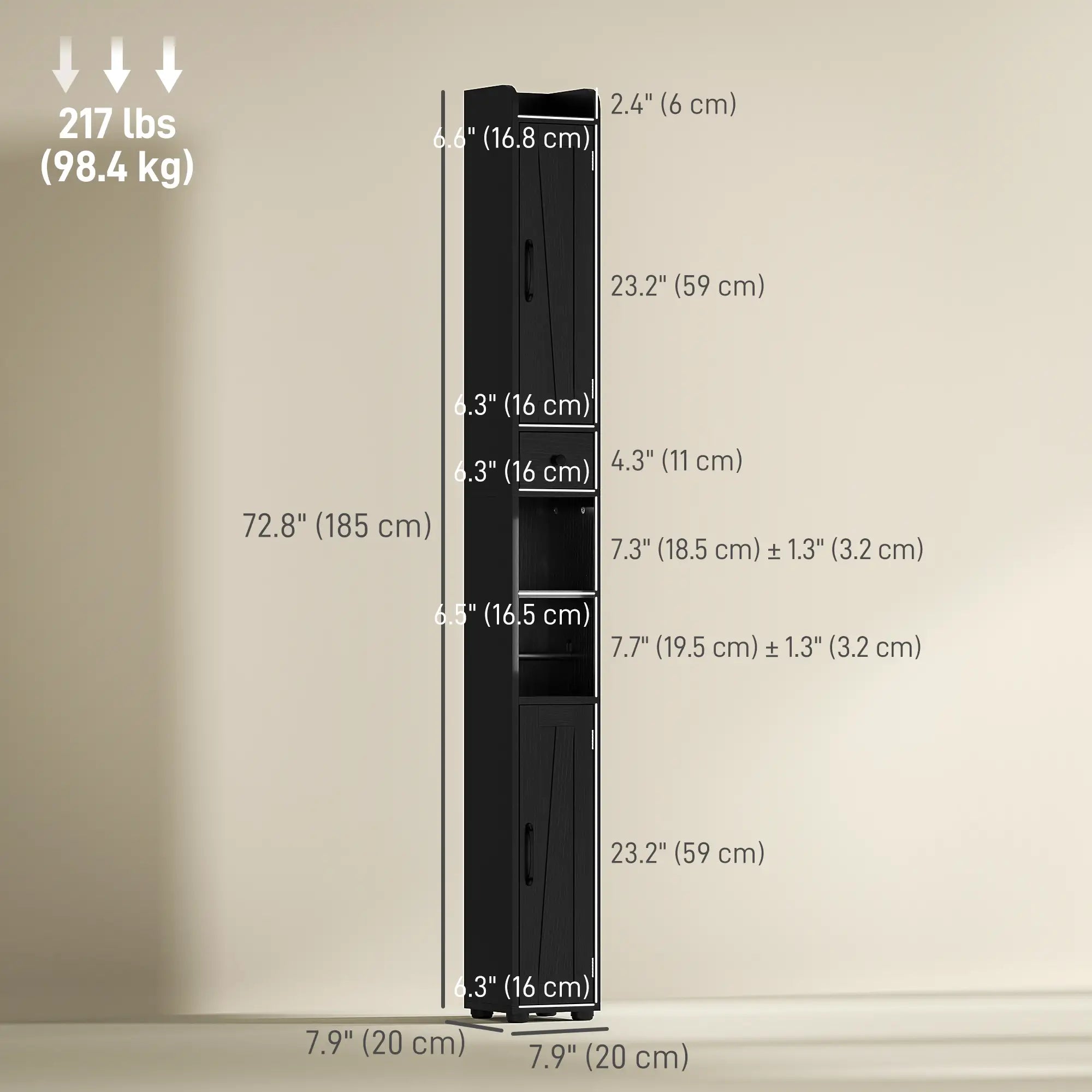 Narrow Bathroom Cabinet, Tall Storage with Barn Doors, Wood Grain, Black Bathroom Cabinets at Gallery Canada