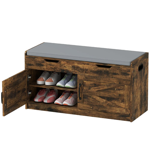 Shoe Storage Bench, 2-Tier Cabinet, Flip-Top, Padded Cushion, Rustic Brown
