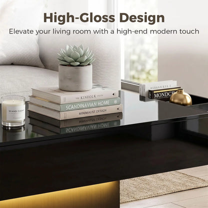 LED Coffee Table with Storage, High Gloss Modern Center Table with 2 Drawers and Remote Control for Living Room, Black Coffee Tables at Gallery Canada