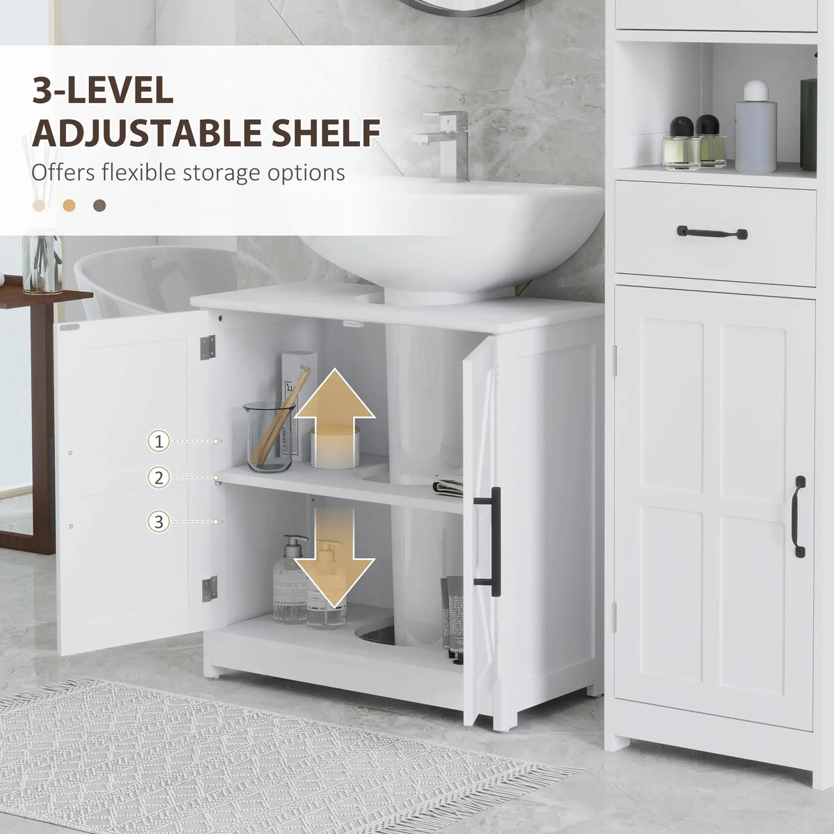 Farmhouse Pedestal Sink Cabinet, Bathroom Storage with 2 Barn Doors, Adjustable Shelf, White Bathroom Cabinets at Gallery Canada