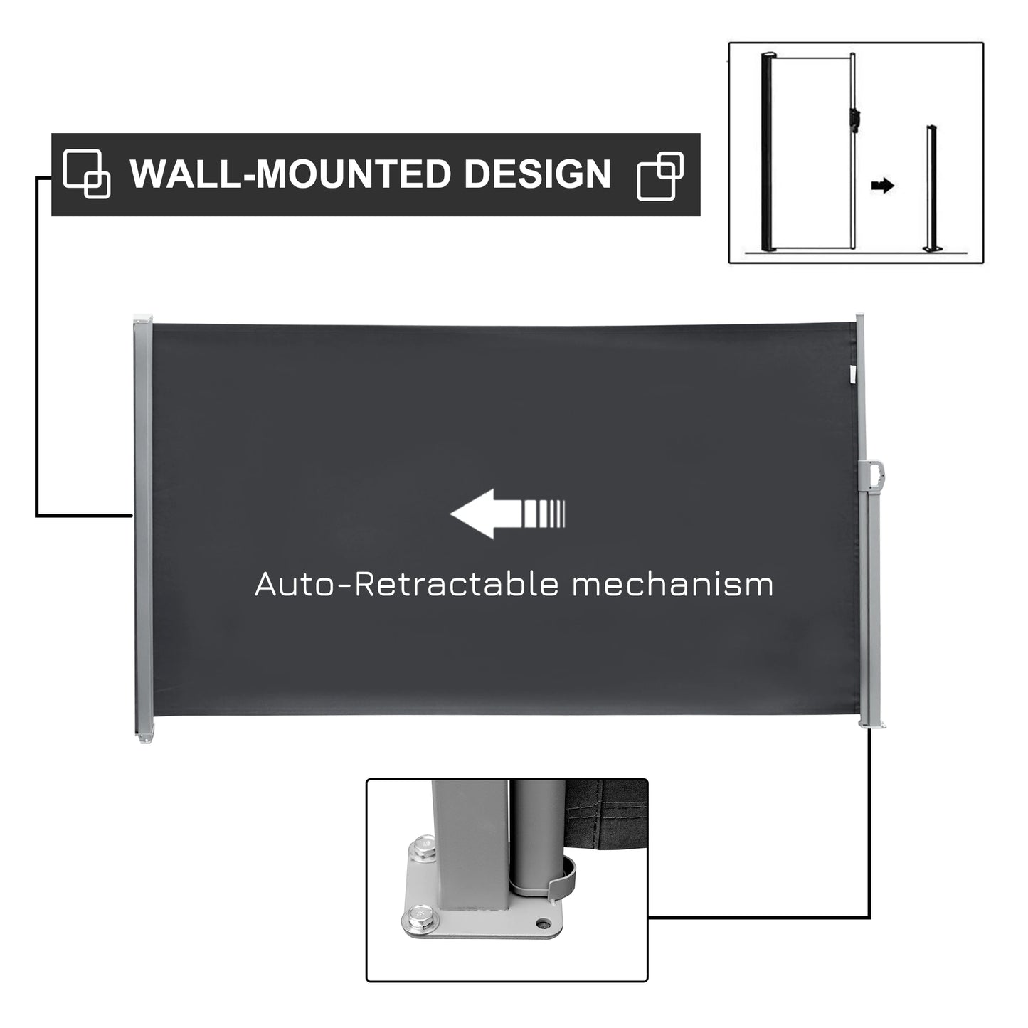 118" x 71" Outdoor Folding Privacy Screen, Retractable Side Awning, UV Wind Resistant, Grey Side Awnings at Gallery Canada