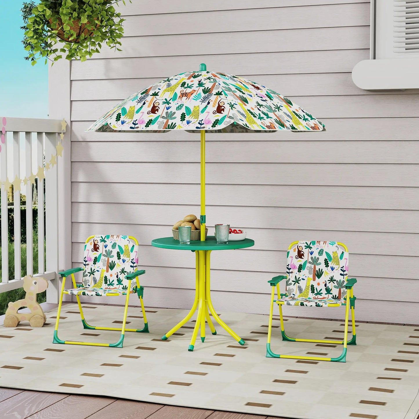 Kids Picnic Table Set, 2 Folding Chairs, Umbrella, Green Kids Outdoor Furniture at Gallery Canada