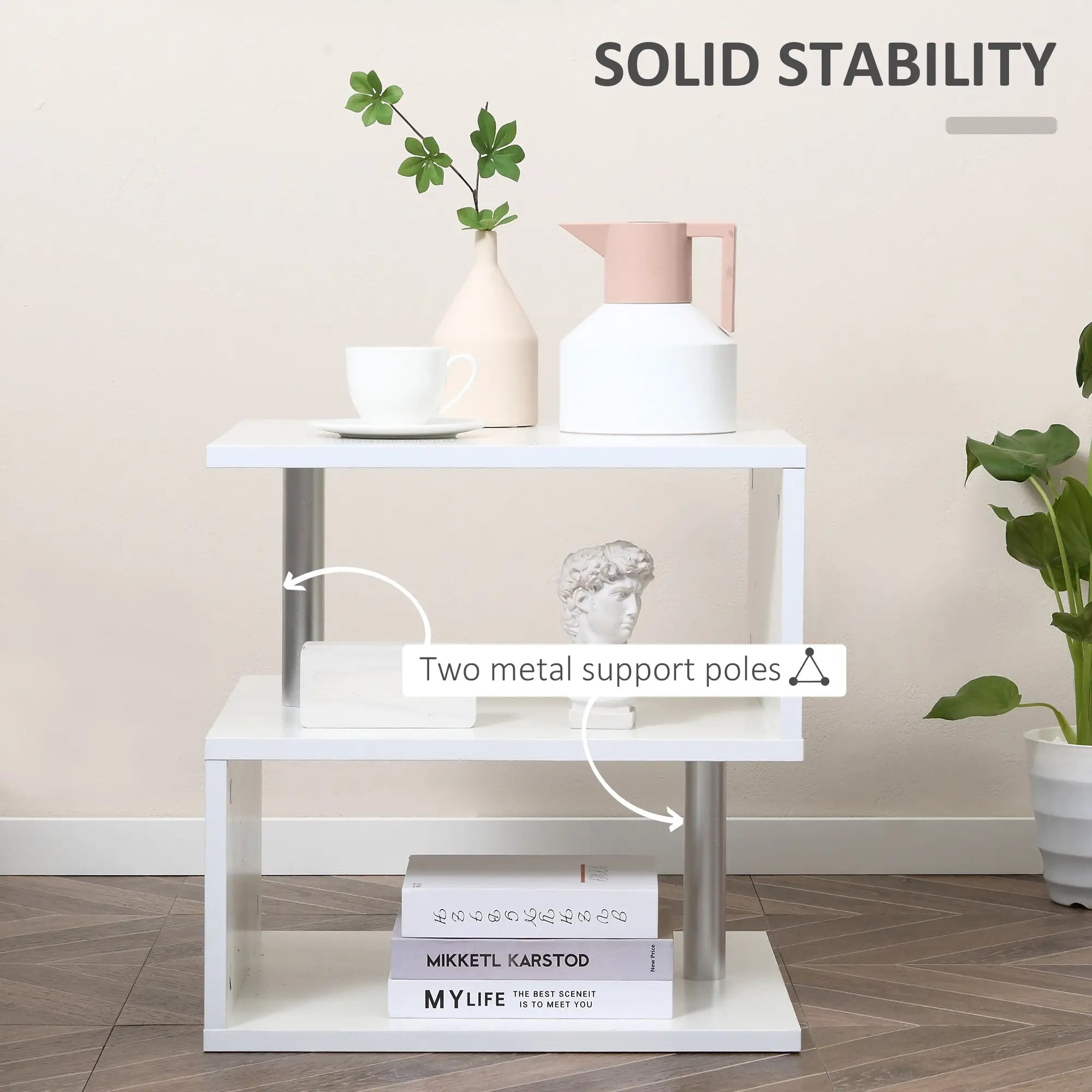Wooden S Shape End Table, 3 Tier Storage Shelves, White Side Tables at Gallery Canada