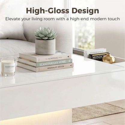 LED Coffee Table with Storage, High Gloss Modern Center Table with 2 Drawers and Remote Control for Living Room, White Coffee Tables at Gallery Canada