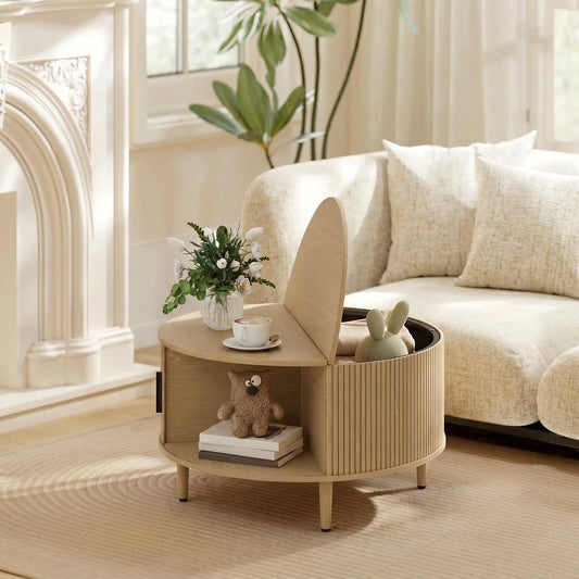 31.5" Round Coffee Table, Storage, Sliding Door, Natural Coffee Tables Natural Wood Effect at Gallery Canada