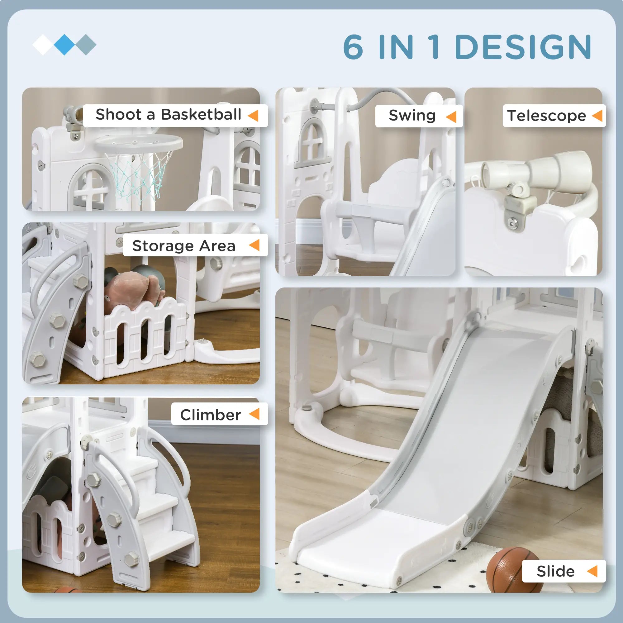 6-in-1 Baby Swing Playset, Indoor with Basketball Hoop, Climber, Grey Gym Sets & Swings at Gallery Canada