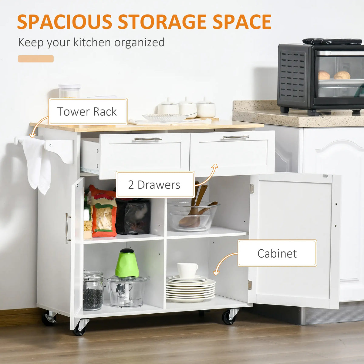 Rolling Kitchen Island with Drawers, Rubber Wood Top, Cabinet, White Kitchen Islands & Kitchen Carts at Gallery Canada