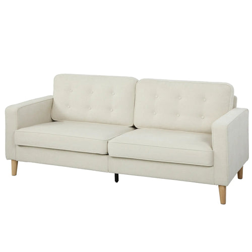 3 Seater Sofa Upholstered with Padded Cushion Modern Button Tufted Couch with Wood Legs, Cream White