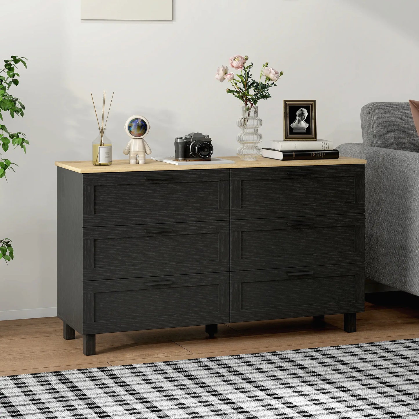 47" Wide Chest Of Drawers, Modern Dresser, 6 Drawers, Wood Legs, Black Storage Cabinets at Gallery Canada