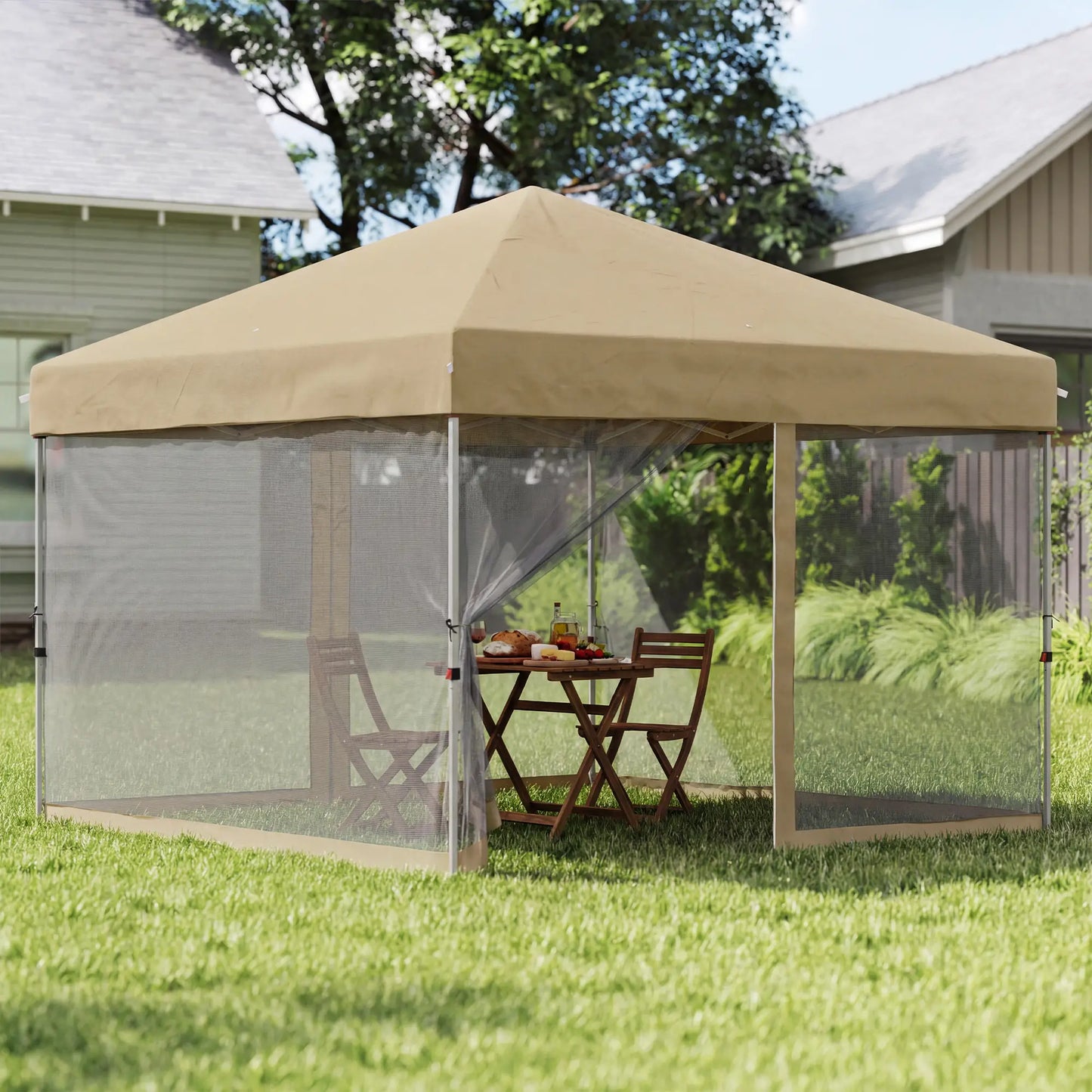 10' x 10' Pop-Up Party Tent, UPF50+ Outdoor Canopy, Mesh Sidewalls, Khaki Pop Up Canopies at Gallery Canada