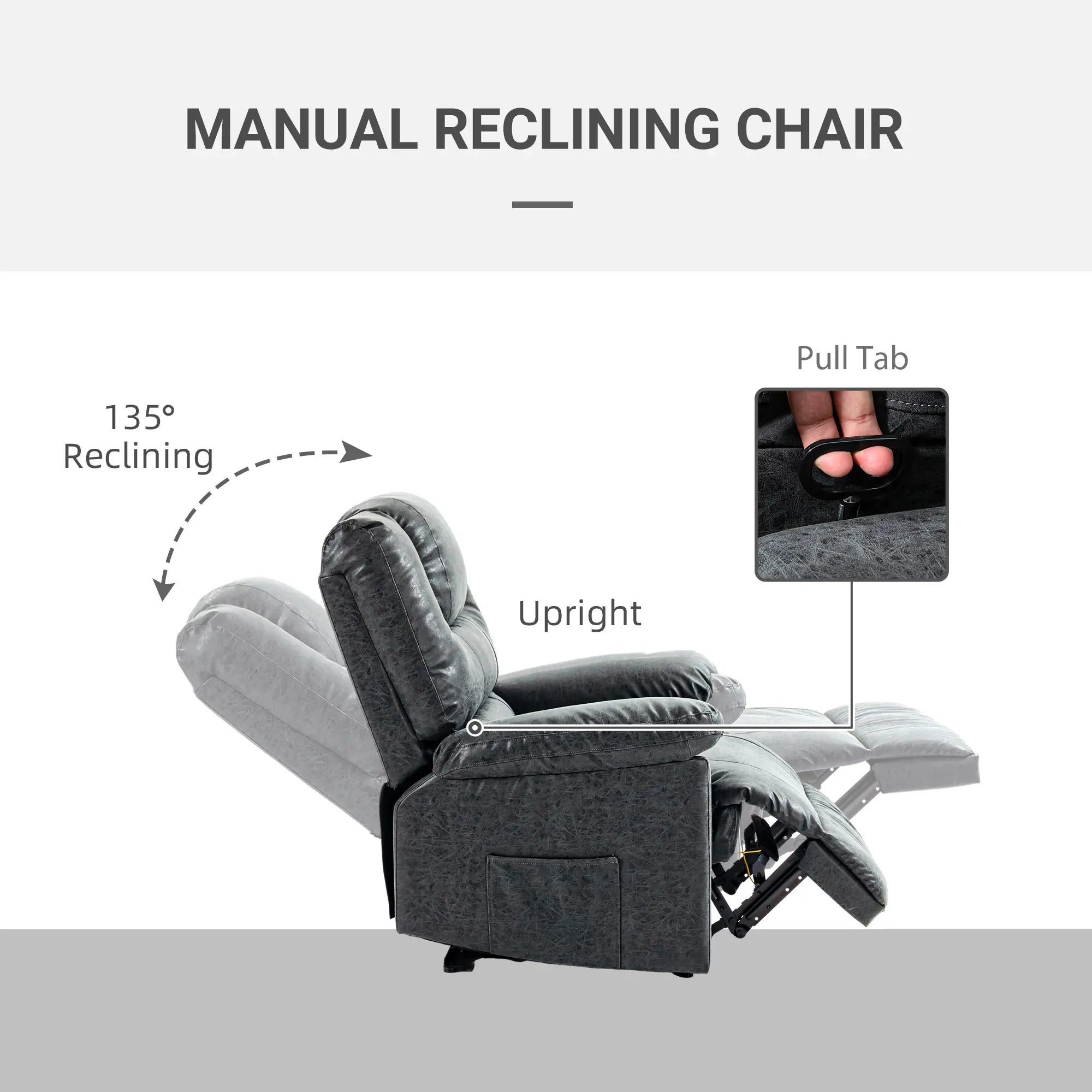 PU Leather Recliner Chair, Manual, Living Room, Footrest, Side Pockets, Steel Frame, Black Single Sofas at Gallery Canada