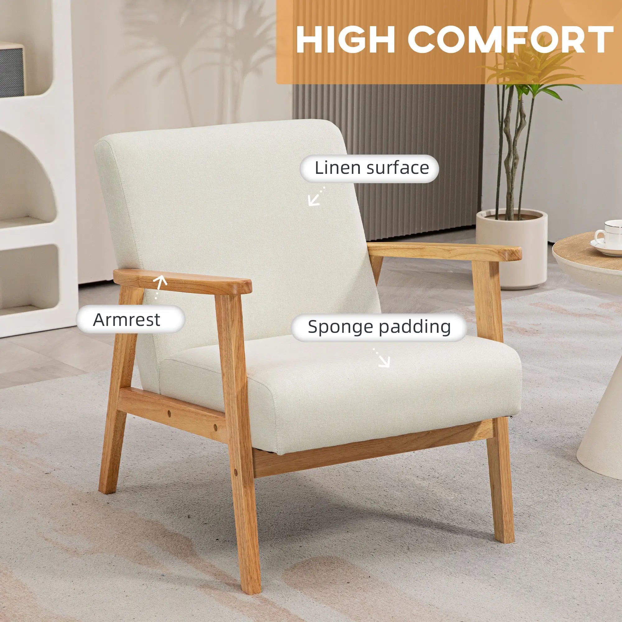 Mid-Century Modern Accent Chair Retro Fabric Armchair Wooden Arm Upholstered Lounge Chair for Living Room Cream White Accent Chairs at Gallery Canada