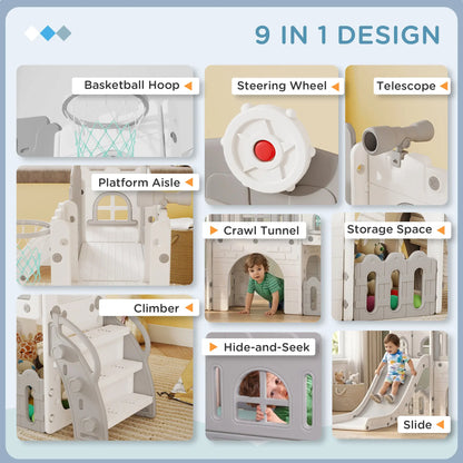 7-In-1 Toddler Slide With Basketball Hoop, Climber, Tunnel, Grey Gym Sets & Swings at Gallery Canada