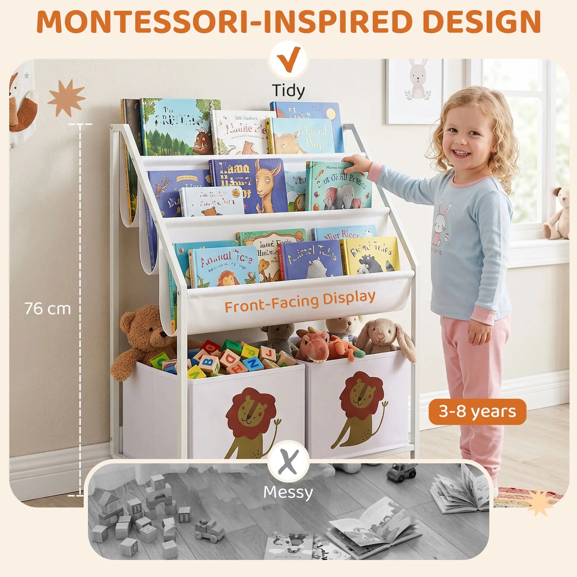 3-Tier Sling Bookshelf With Toy Storage, Montessori Organizer Baby & Kids Storage at Gallery Canada
