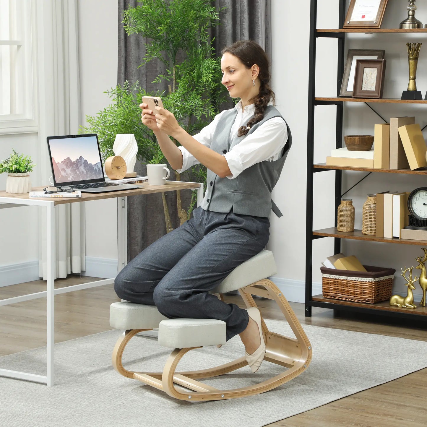 Ergonomic Kneeling Chair, Wood Stool with Thick Pads, Cream White Office Chairs at Gallery Canada