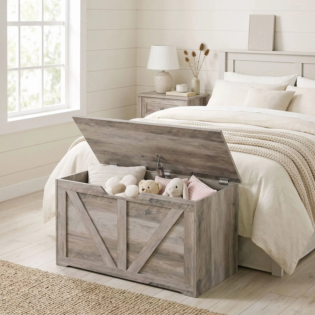 31.5" Storage Chest with Safety Hinge, Grey Wood Grain, Grey Storage Cabinets at Gallery Canada