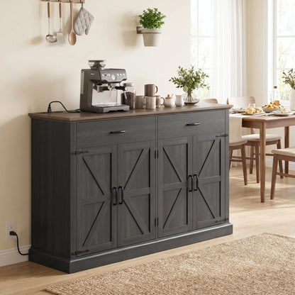 55" Black Buffet Cabinet, Farmhouse Sideboard, 4 Barn Doors, 2 Drawers, Black Storage Cabinets at Gallery Canada