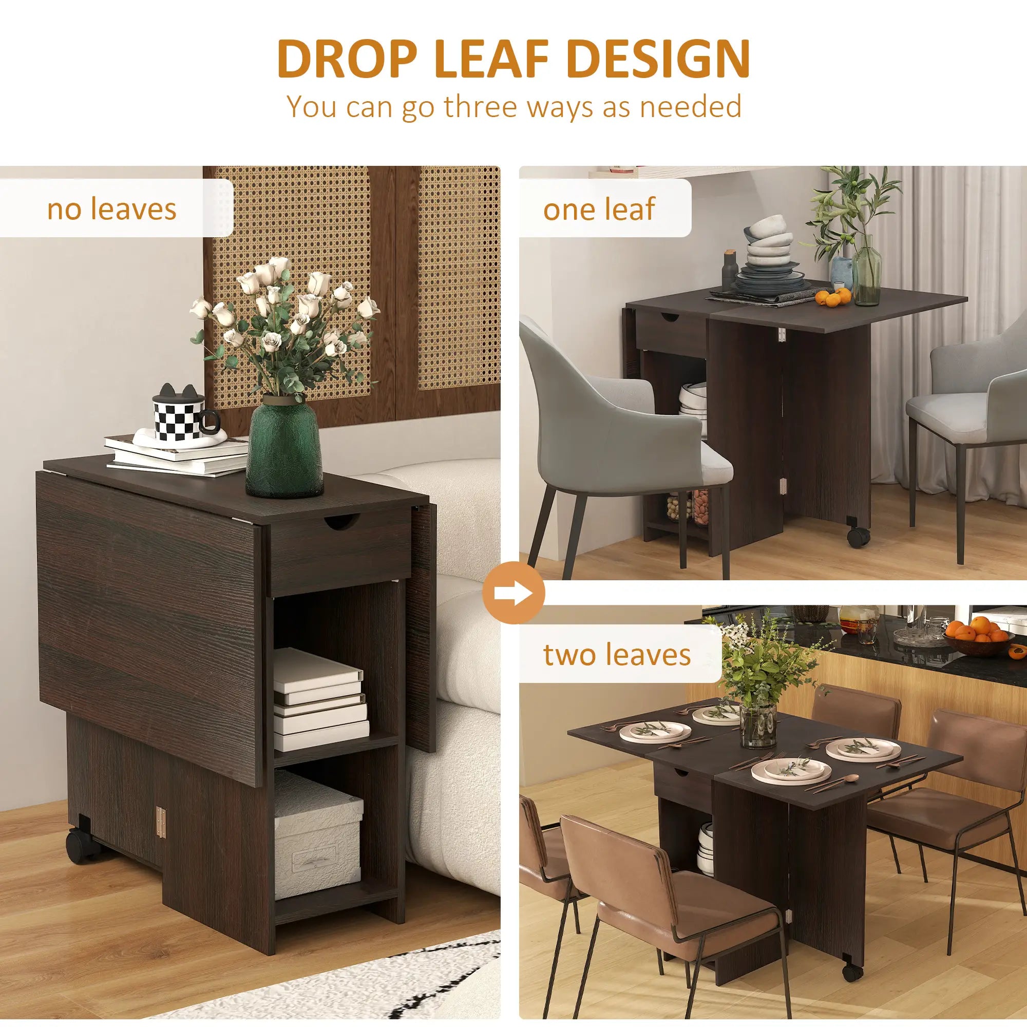 Folding Dining Table, Drop Leaf with Drawer, Storage Shelves, Dark Brown Dining Tables at Gallery Canada