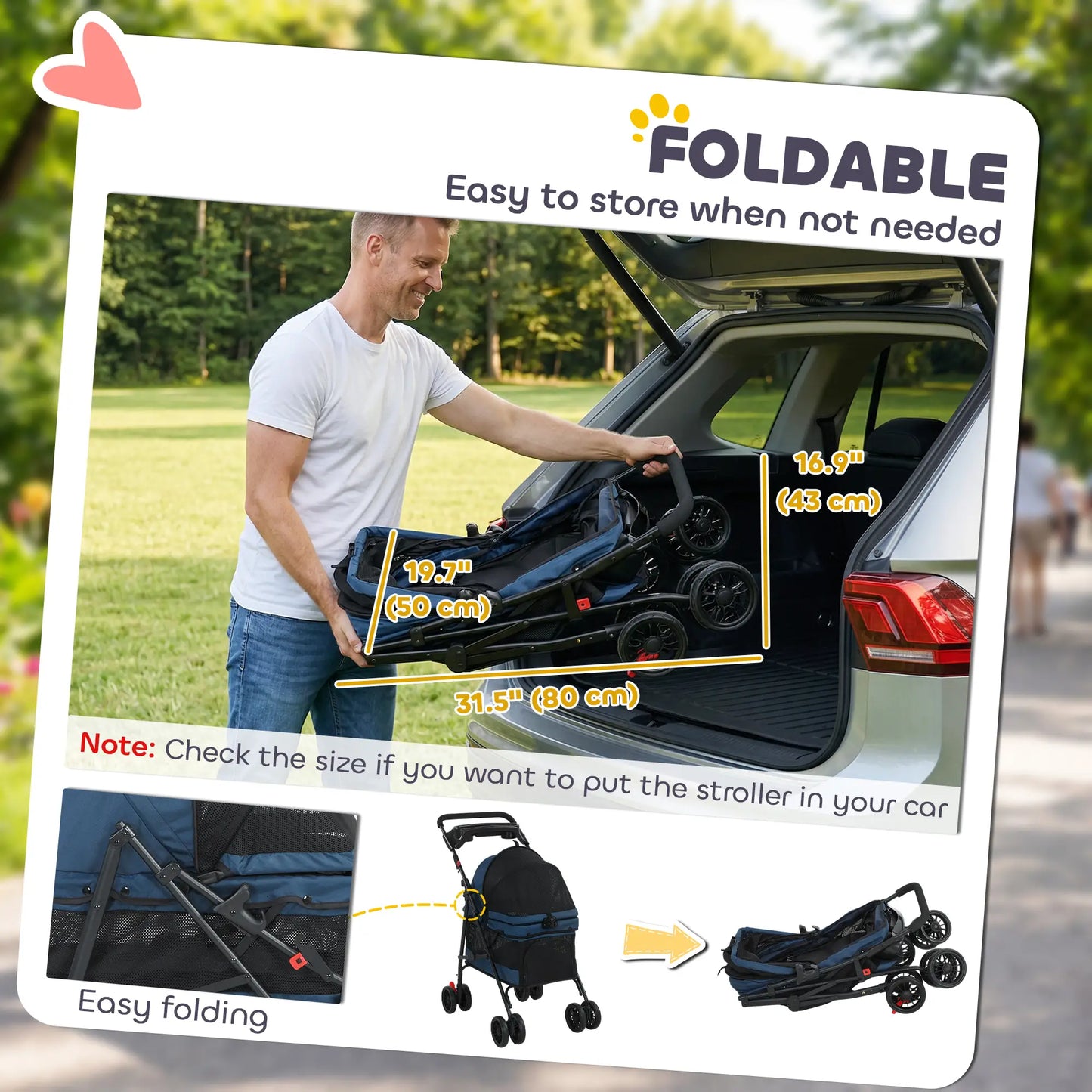 Foldable Pet Stroller for Small Dogs and Cats with 4 Wheels, Mesh Windows, Brake, Removable Pad, Storage Tray, Dark Blue Dog Bike Trailers & Strollers at Gallery Canada