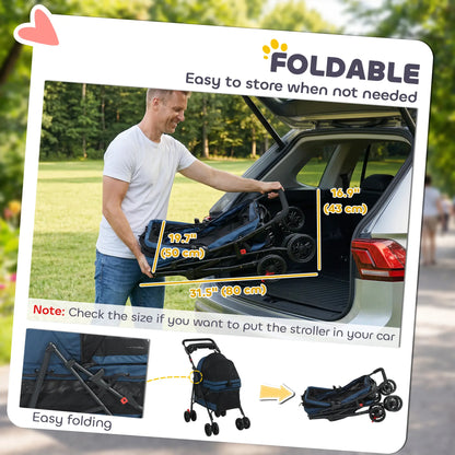 Foldable Pet Stroller for Small Dogs and Cats with 4 Wheels, Mesh Windows, Brake, Removable Pad, Storage Tray, Dark Blue Dog Bike Trailers & Strollers at Gallery Canada