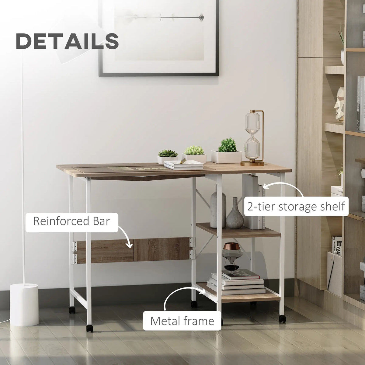 Folding Computer Desk With Storage Shelves, 6 Wheels, Natural Writing Desks at Gallery Canada