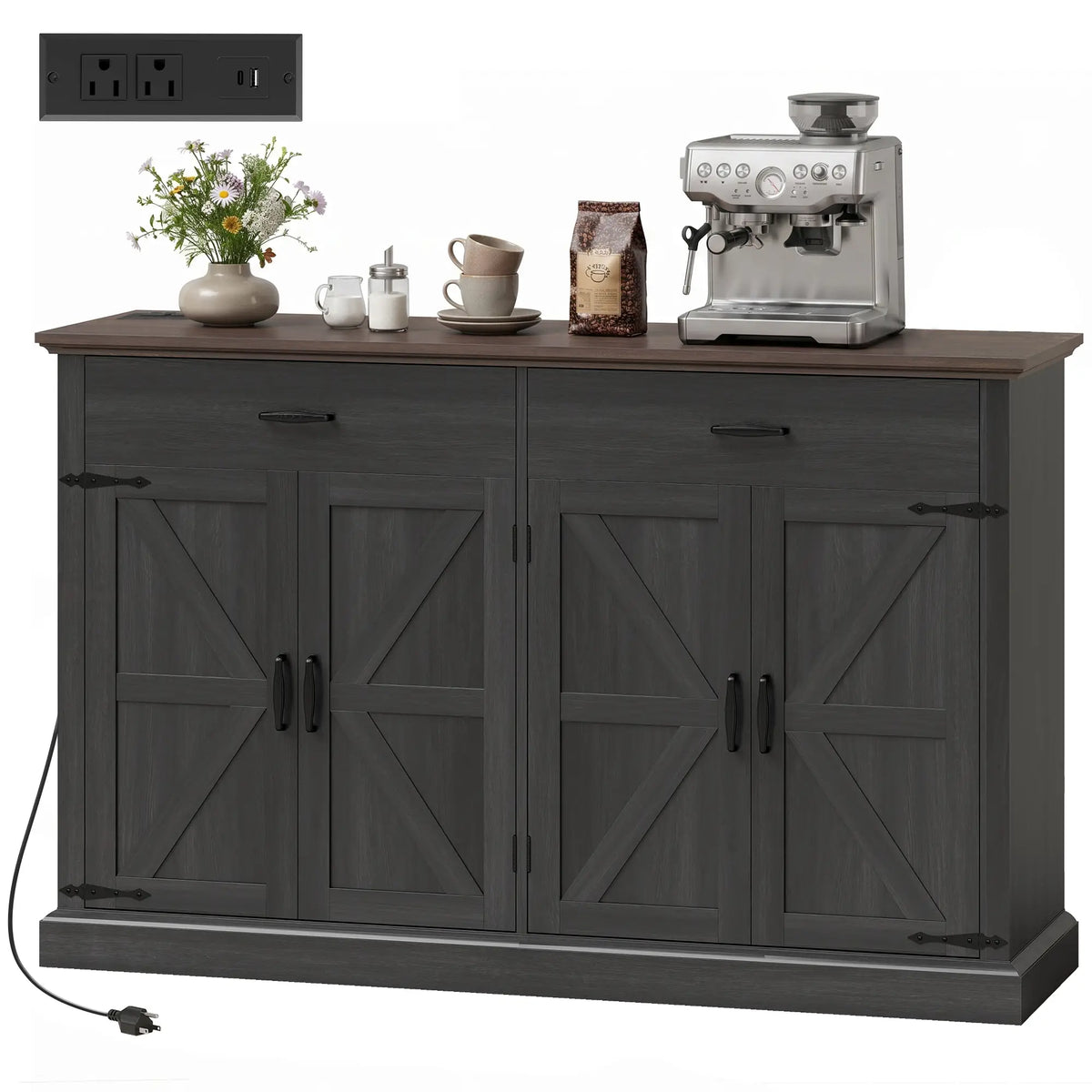 55" Black Buffet Cabinet, Farmhouse Sideboard, 4 Barn Doors, 2 Drawers, Black Storage Cabinets Multi Colour at Gallery Canada