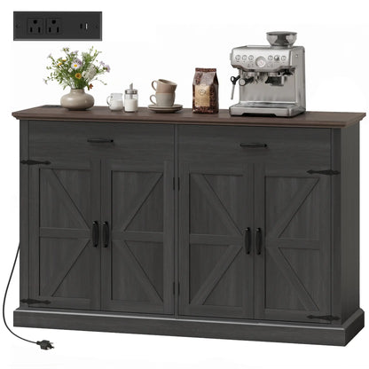 55" Black Buffet Cabinet, Farmhouse Sideboard, 4 Barn Doors, 2 Drawers, Black Storage Cabinets Multi Colour at Gallery Canada