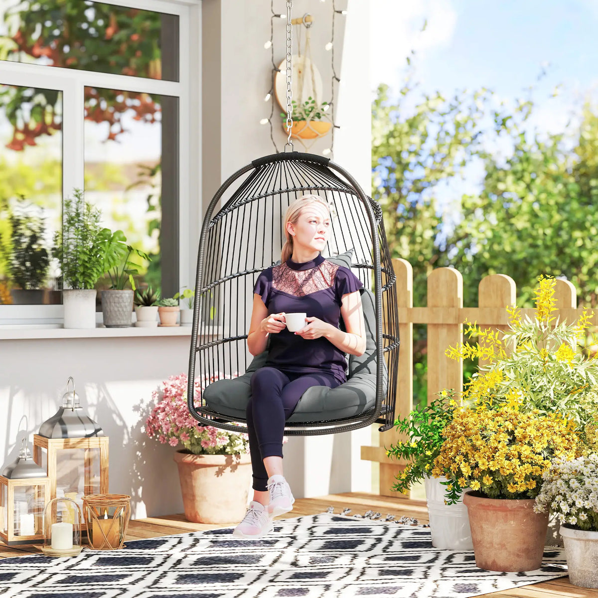 Hanging Egg Chair, Foldable Rattan Garden Swing, Dark Grey Patio Chairs at Gallery Canada