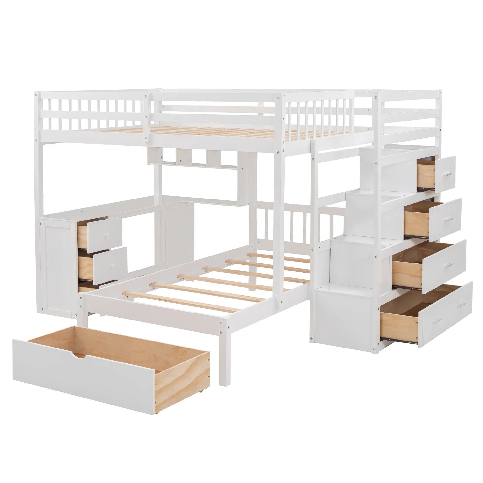 Over Twin Bunk Bed with Desk, Drawers, Shelves, 98