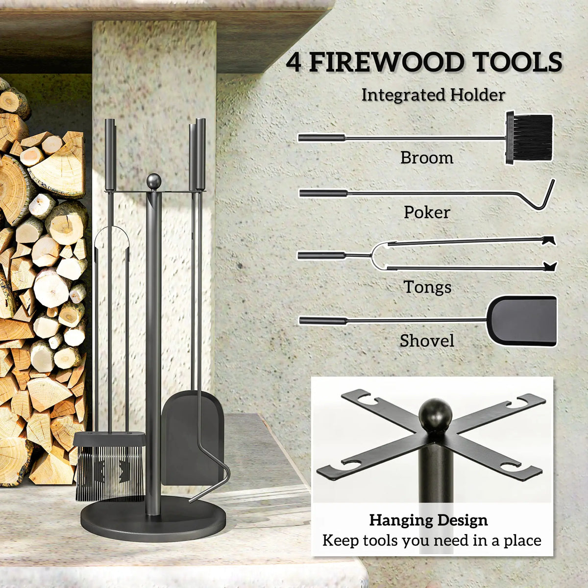 5 Piece Fireplace Tools Set with Stand, Black Fireplaces & Accessories at Gallery Canada