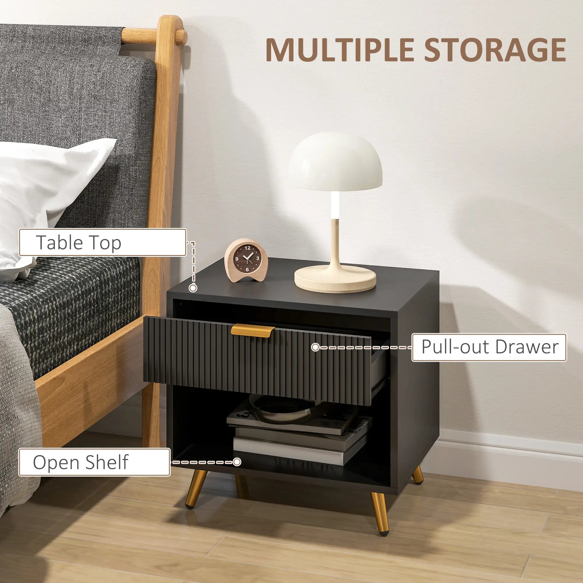 Modern Nightstand with Drawer, Open Compartment, Black Bedside Tables at Gallery Canada