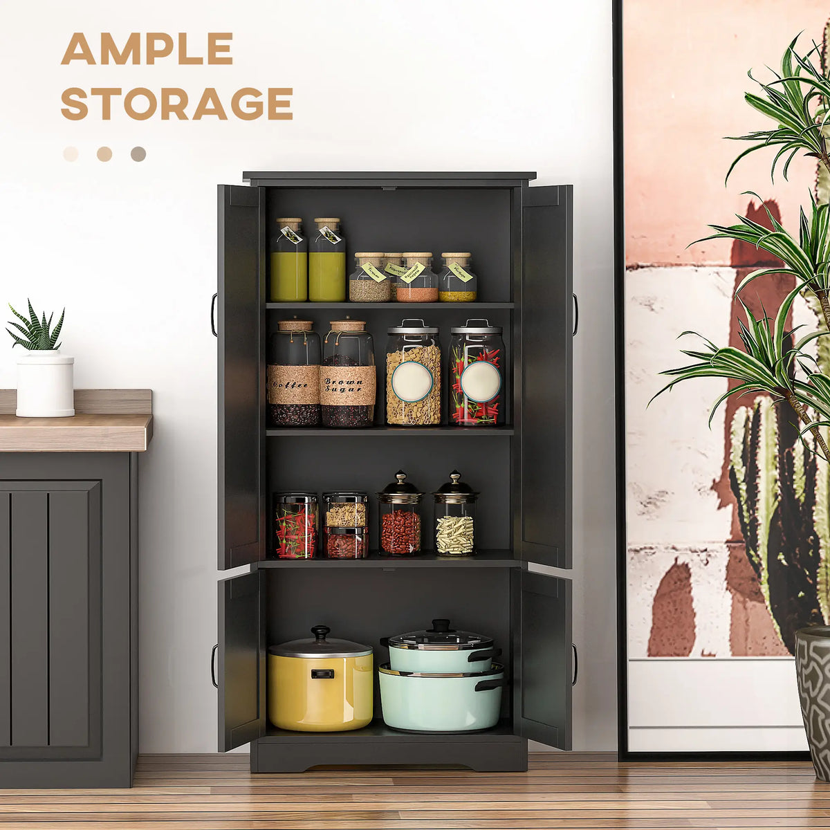 48" 4-Door Storage Cabinet, Adjustable Shelves, Black Kitchen Pantry Cabinets at Gallery Canada