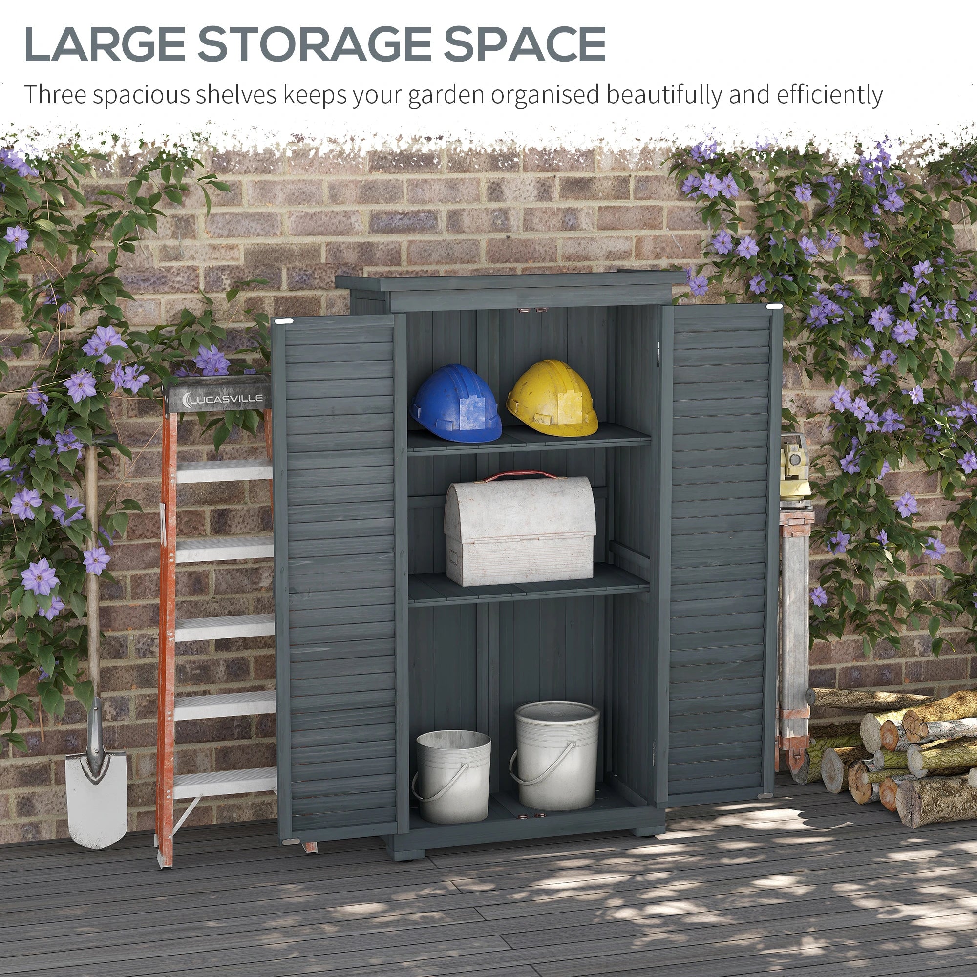 Outdoor Garden Shed, Wooden Tool Storage, 3-Tier Shelves, 34.3