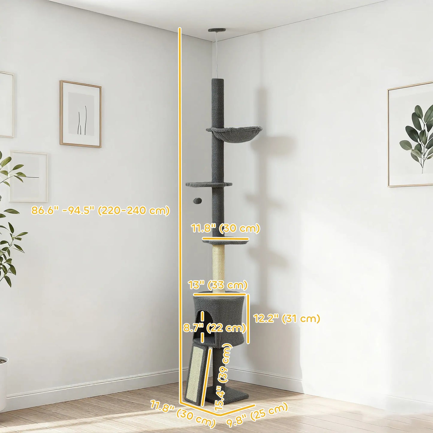 87"-94.5" Floor to Ceiling Cat Tree with Sisal Scratching Post, Condo, Hammock, Ramp, Perches, Dark Grey Floor to Ceiling Cat Trees at Gallery Canada