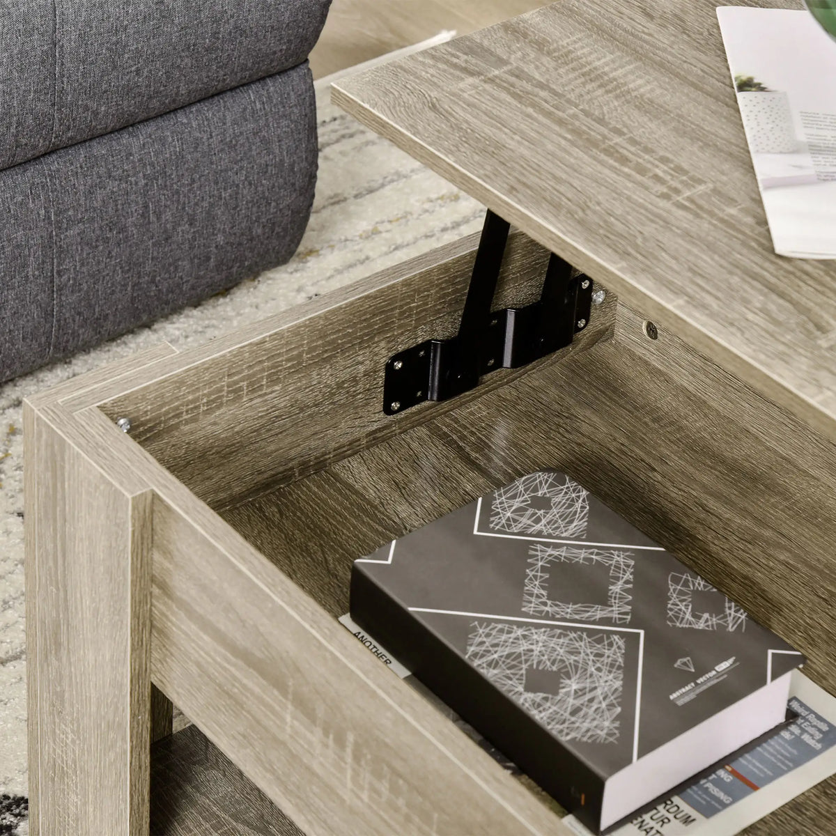 Lift Top Coffee Table, Hidden Storage, Open Shelf, Living Room, Grey Coffee Tables at Gallery Canada