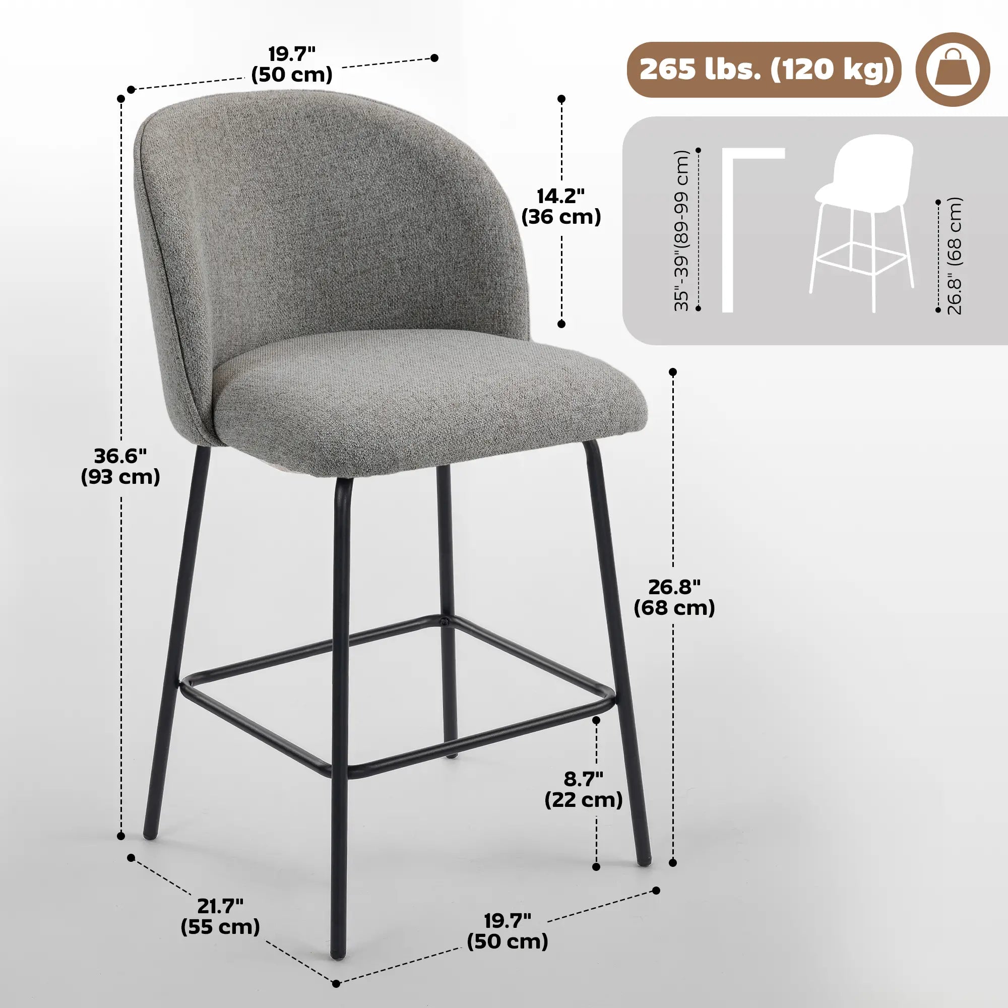 Set of 2 Counter Height Barstools, Upholstered Linen with Backrest, Dark Grey Bar Stools at Gallery Canada