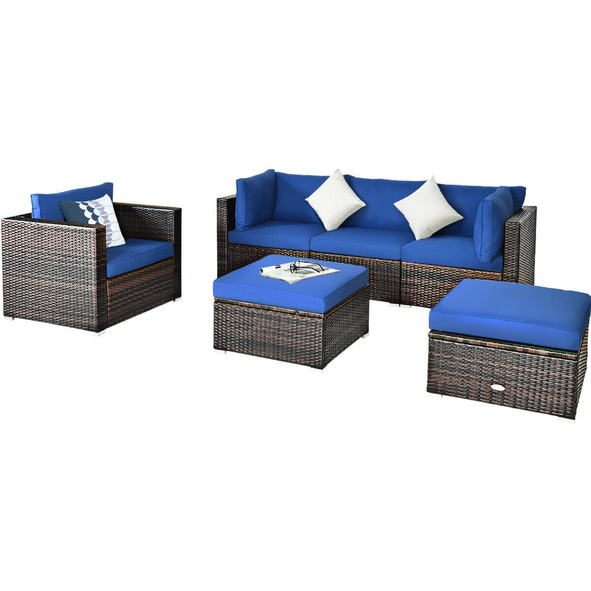 6 Piece Patio Rattan Furniture Set, Sectional Cushion, Blue Outdoor Sectionals at Gallery Canada
