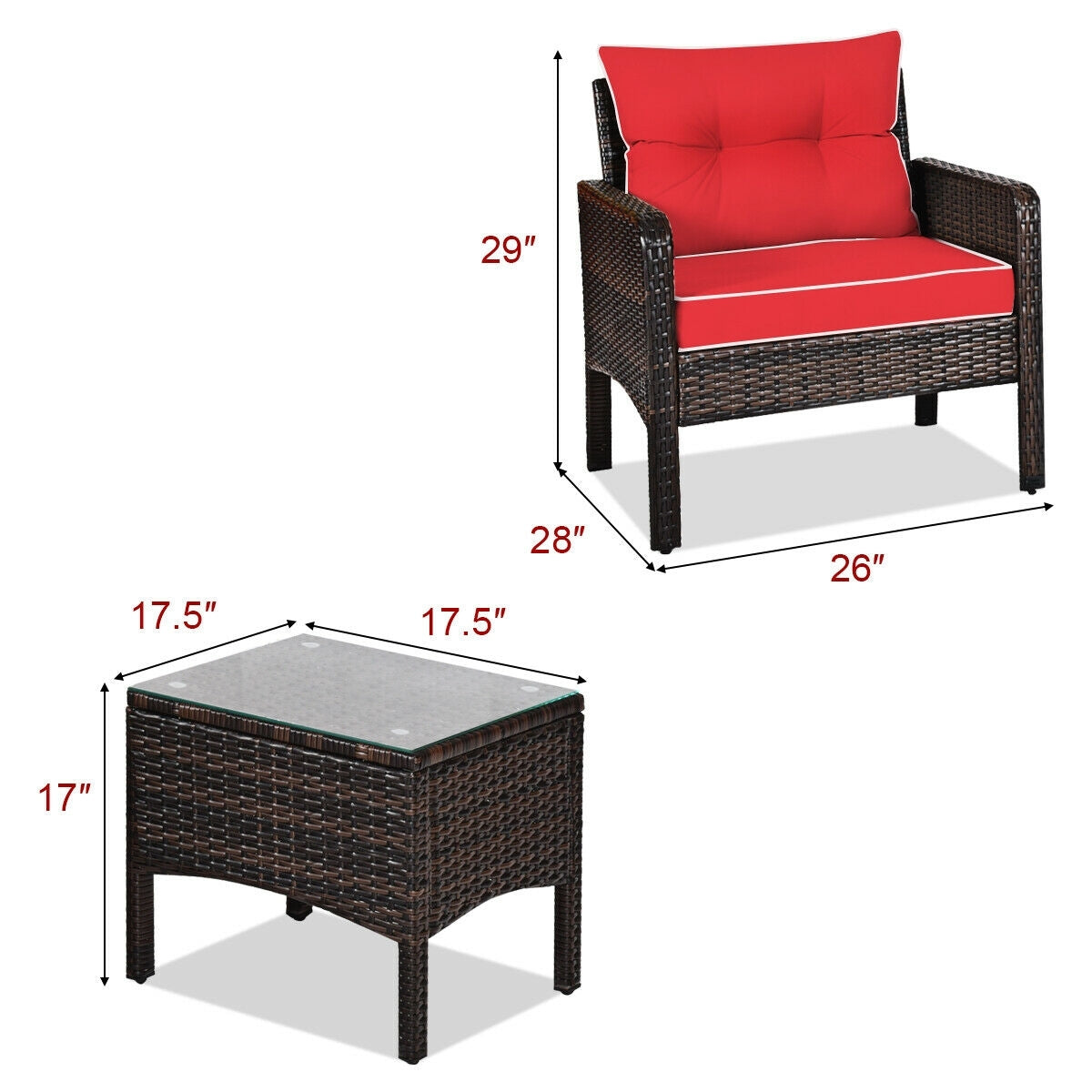 3 Pcs Outdoor Rattan Conversation Set, With Seat Cushions, Red Patio Conversation Sets at Gallery Canada