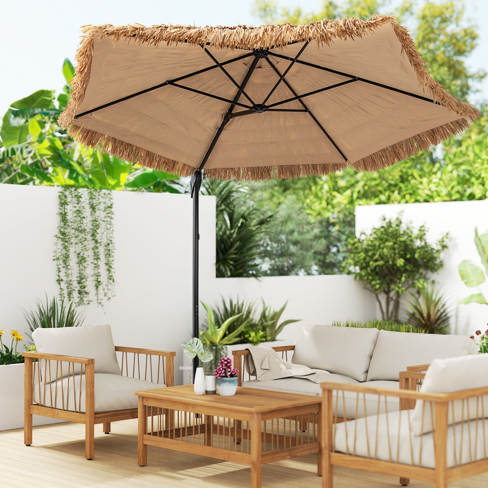 9.5 FT Cantilever Tiki Patio Umbrella, Natural Outdoor Umbrellas at Gallery Canada