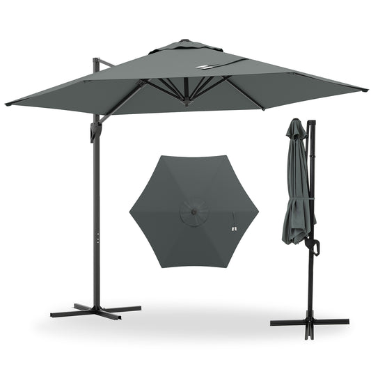 9 FT Cantilever Patio Umbrella, Vented Top, Sun-Protective Canopy, Gray Outdoor Umbrellas Gray at Gallery Canada